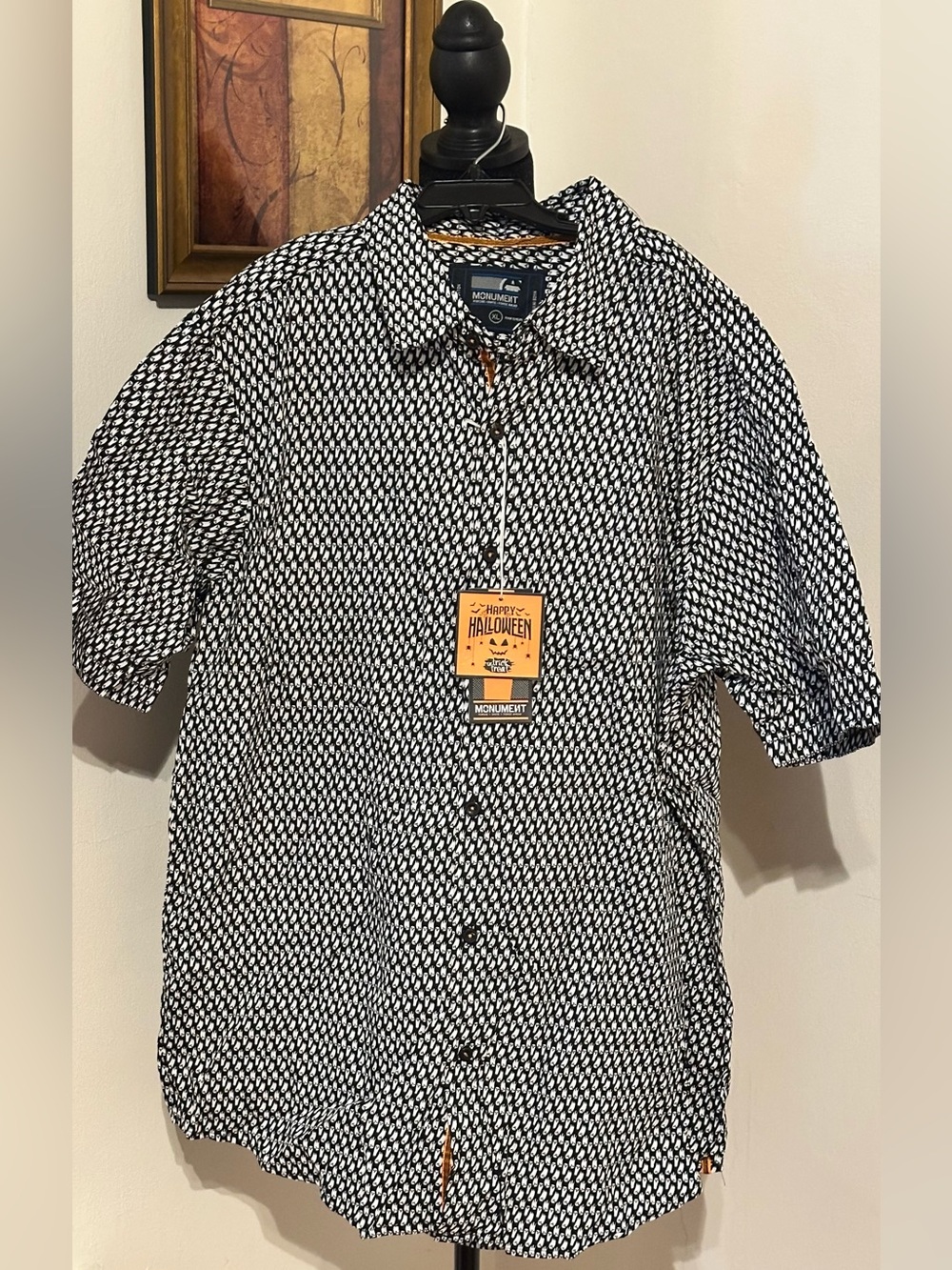 NEW Monument Mens Halloween Black Button Up Short Sleeve White Ghost Print (XL)